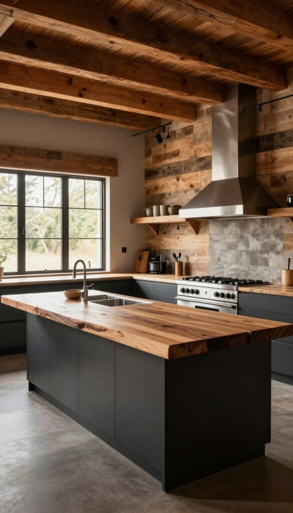Modern barndominium kitchen with reclaimed wood island, ceiling beams, and backsplash, styled with stainless steel appliances and matte black fixtures
