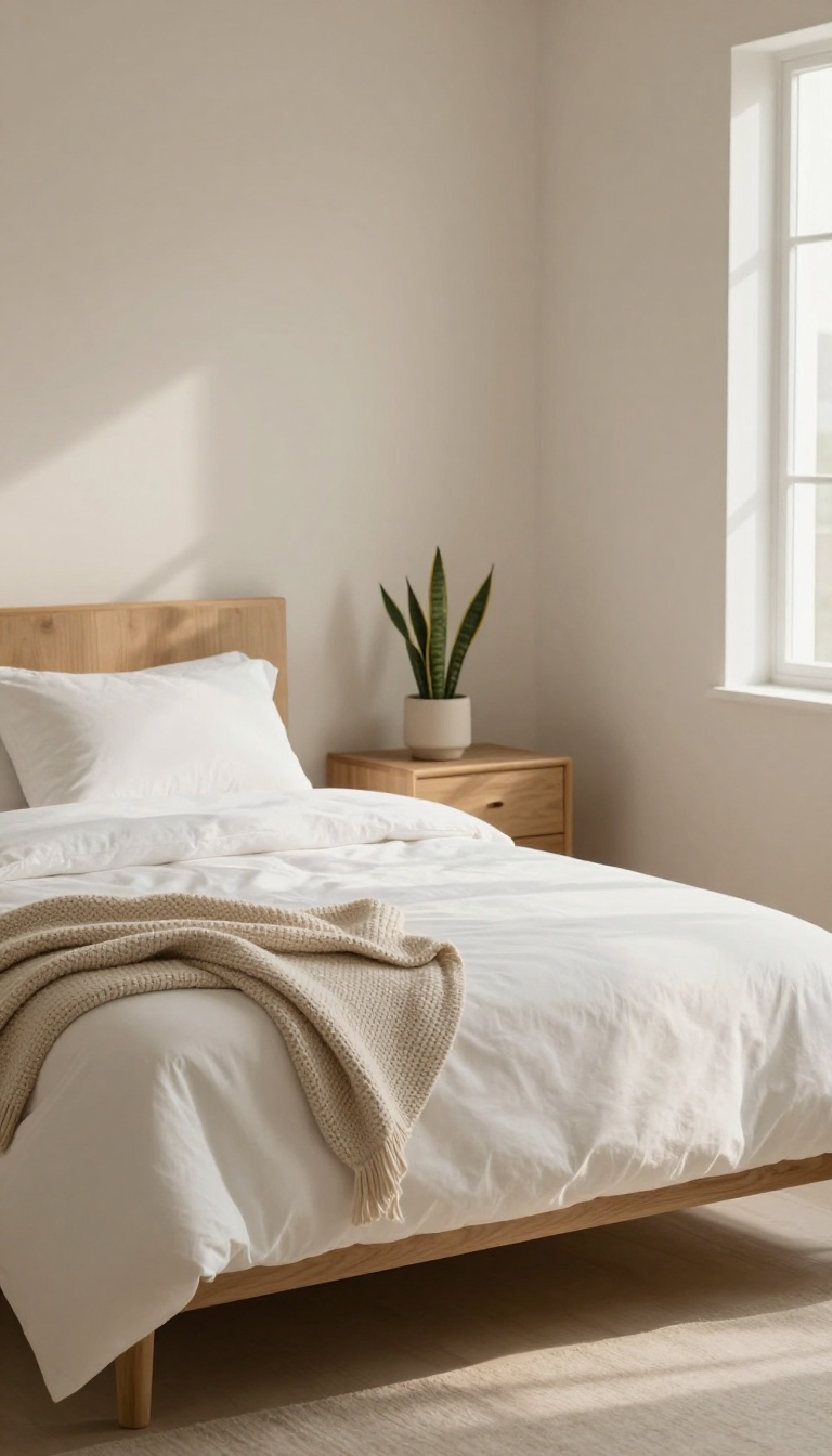 A guest bedroom with a snake plant on a nightstand, bathed in natural light