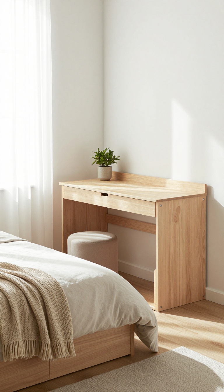 Small bedroom with multifunctional furniture including a bed with built-in drawers, a fold-down desk, and a storage ottoman