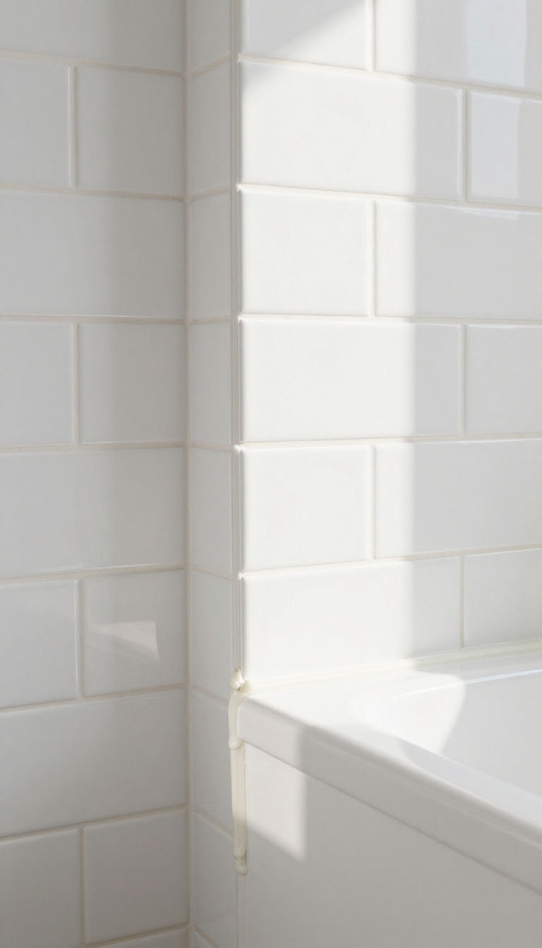Freshly re-grouted and re-caulked white subway tile bathroom wall with clean seams and bright natural light