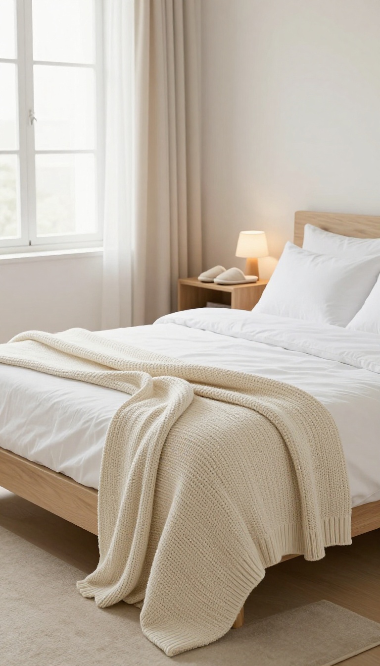 Cozy guest bedroom with a chunky knit throw at the foot of the bed and slippers on the nightstand, bathed in natural light.