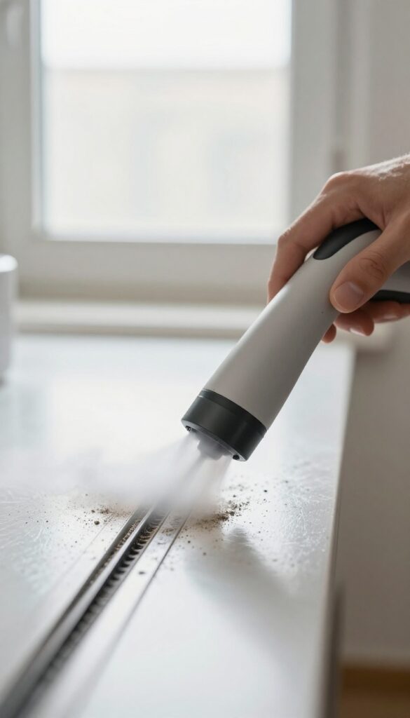 Person using a steam cleaner to deep clean a window track, with steam visible and the track becoming clean and shiny.