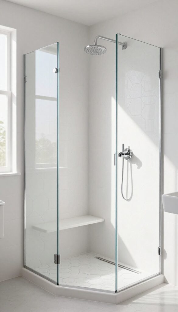 White hexagon tile shower in a bright modern bathroom