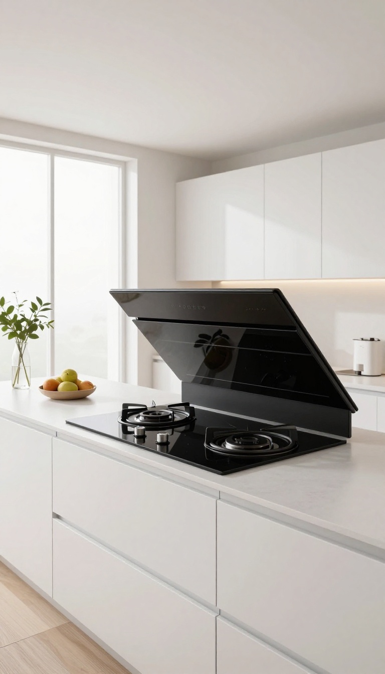 Modern kitchen island with a raised downdraft vent on a sleek cooktop, showcasing a clean and spacious design.