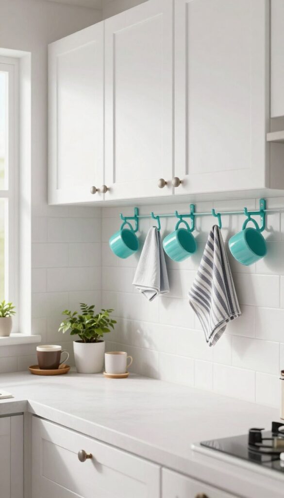 Turquoise hooks under upper cabinets holding a mug and towel in a bright kitchen