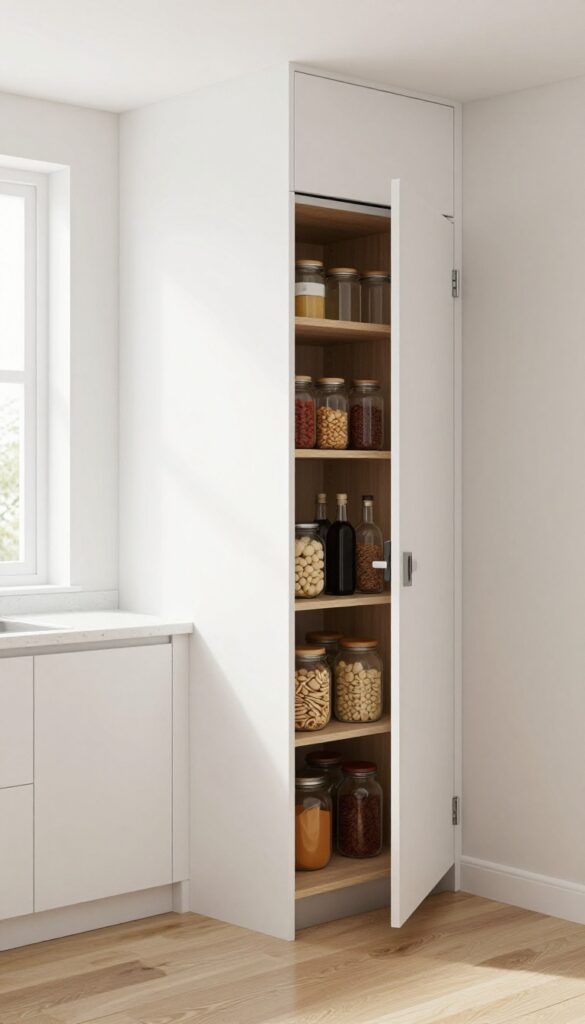 Slim pull-out pantry cabinet in a modern small kitchen, stocked with jars and dry goods, demonstrating hidden storage.