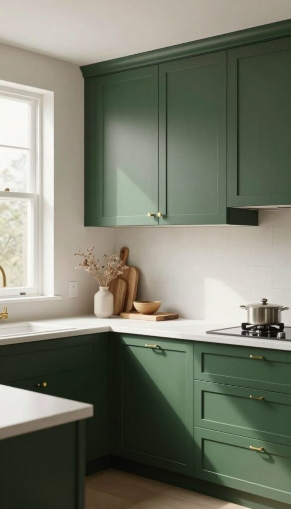 Warm moody kitchen with deep green cabinets, brass hardware, and white countertops