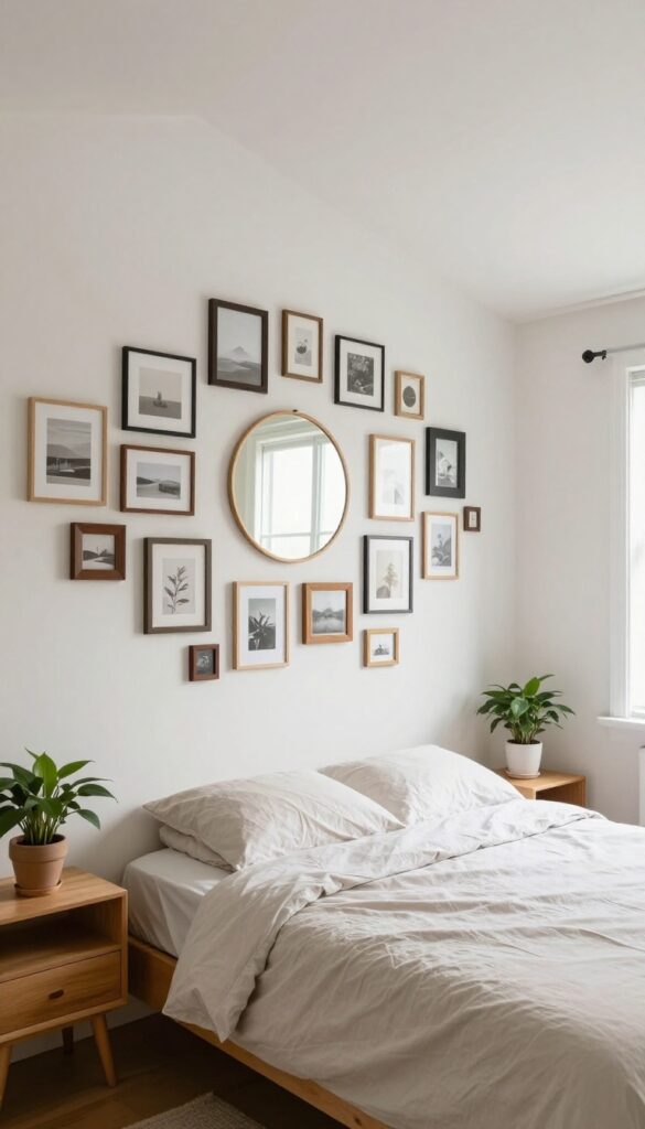 A vertical gallery wall with frames and mirrors in a small bedroom with a sloping ceiling, drawing the eye upward.