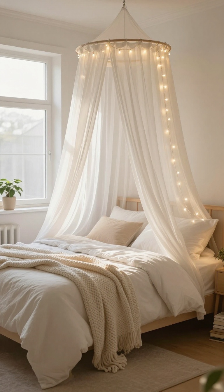 Cozy bedroom with a canopy bed draped in sheer fabric and fairy lights, creating a dreamy glow