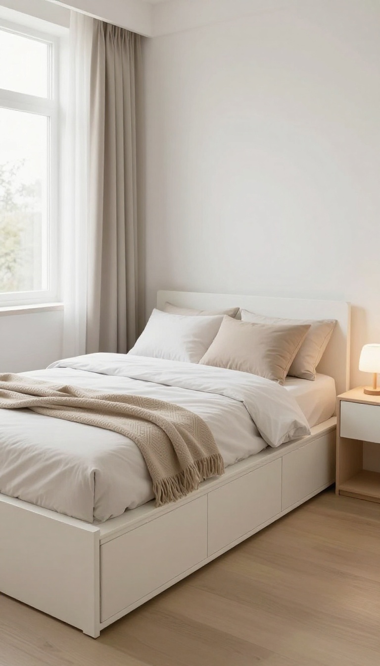 Small bedroom with a multi-functional bed with built-in drawers in bright natural light