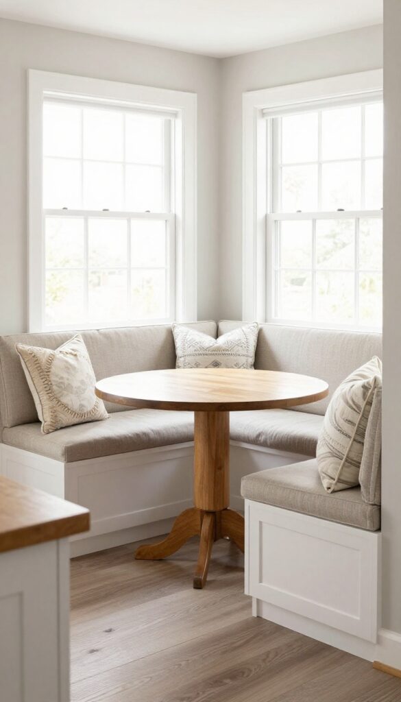 Cozy kitchen corner with banquette seating, round table, and built-in storage under cushioned bench seats