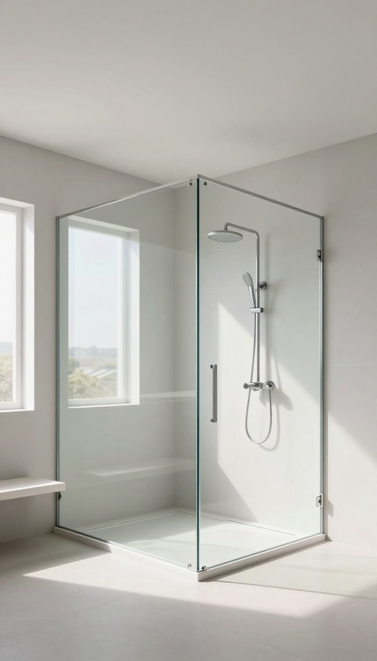 Custom-cut frameless glass shower screen fitted under a sloped ceiling in a bright, modern bathroom.