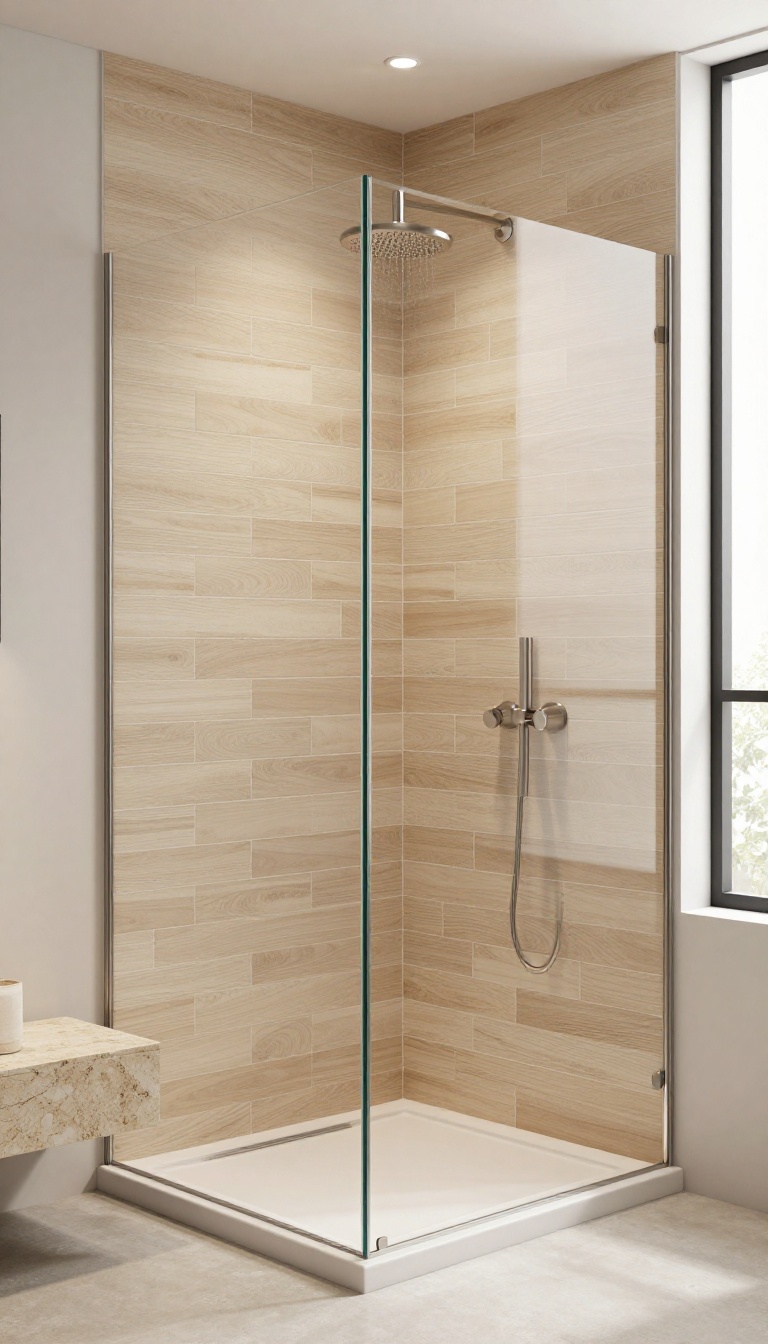 Modern shower with slim horizontal wood-look tiles in a bright, minimalist bathroom