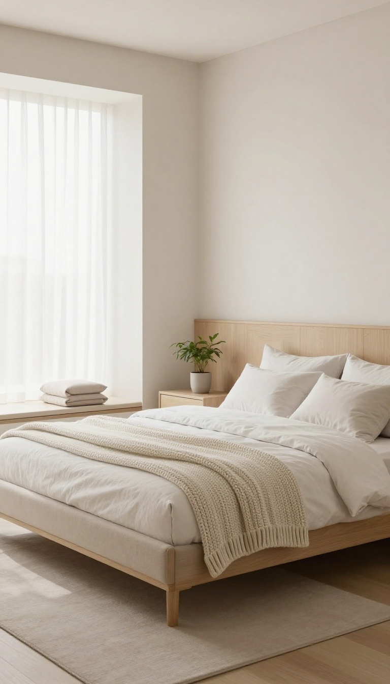Cozy modern guest bedroom with a neutral upholstered bench at the foot of the bed, providing extra seating and storage.