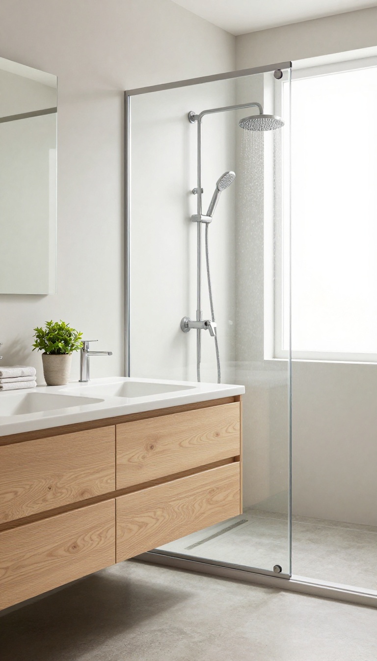 Modern shower-only bathroom with a floating wood vanity and glass walk-in shower, bright natural light