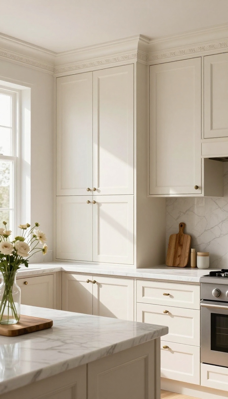 Kitchen with upper cabinets featuring decorative crown molding for a custom look
