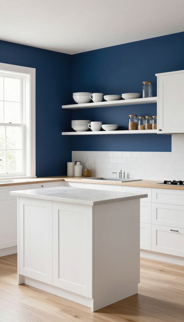 Navy accent wall in a bright kitchen with white trim and light wood floors