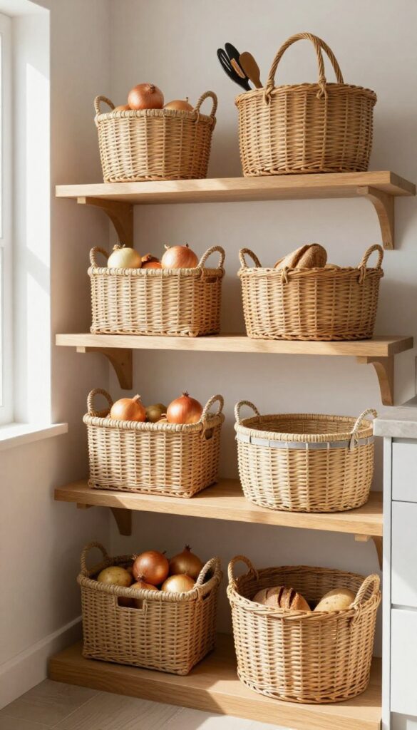 Open wooden shelves in a bright kitchen with woven baskets storing produce and kitchen items.