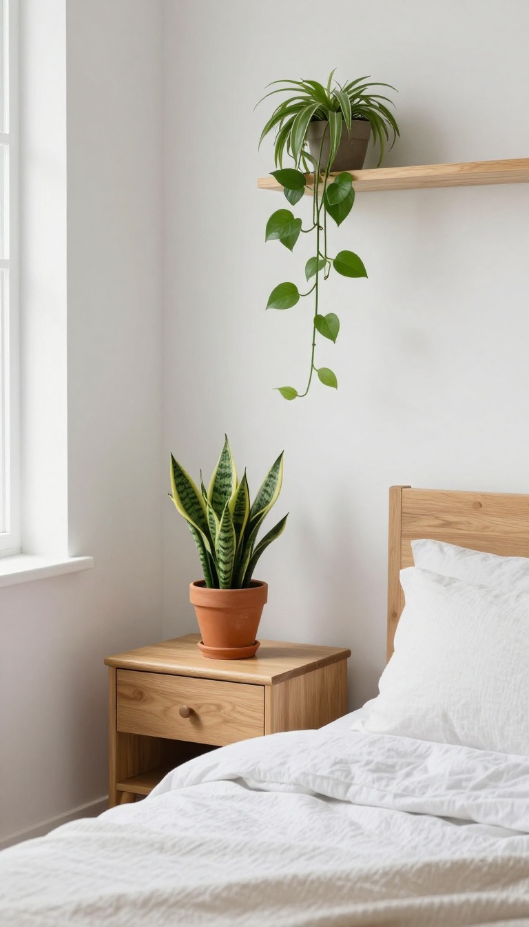 Small bedroom corner with snake plant on nightstand, hanging pothos, and shelf with spider plant, bright natural light, cozy decor