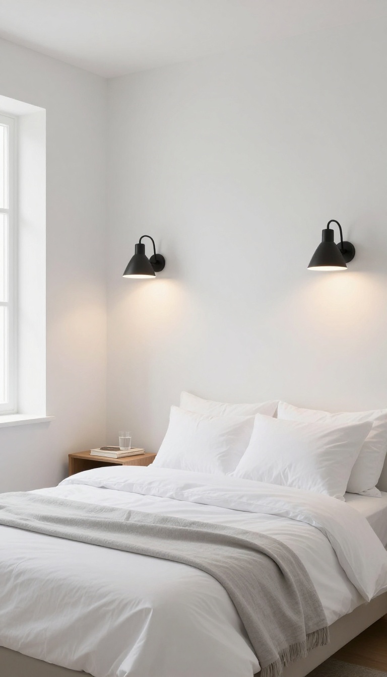 Small bedroom with wall lamps on either side of the bed, no floor lamps, bright and airy