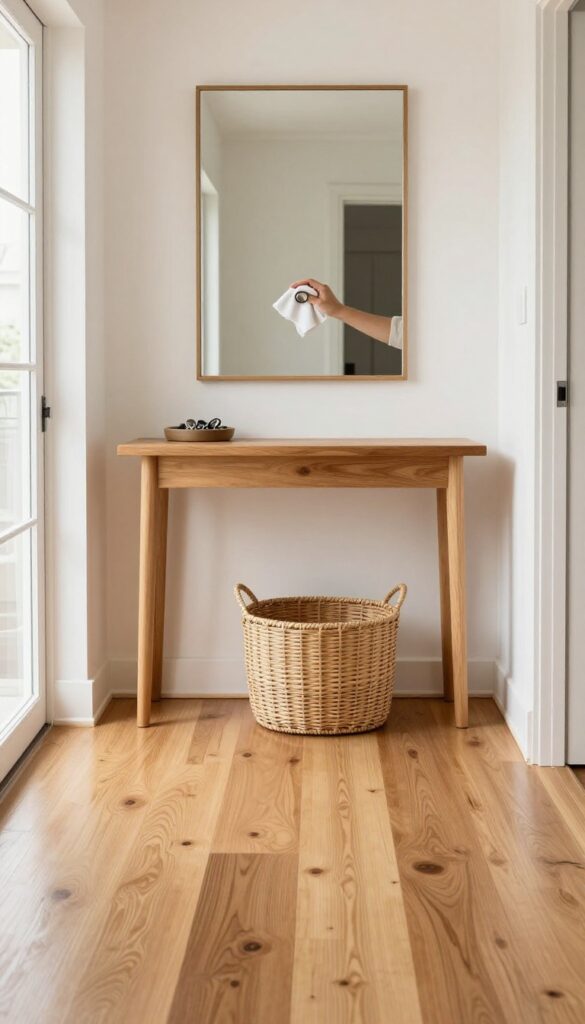 Clean hallway entryway with hand wiping doorknob