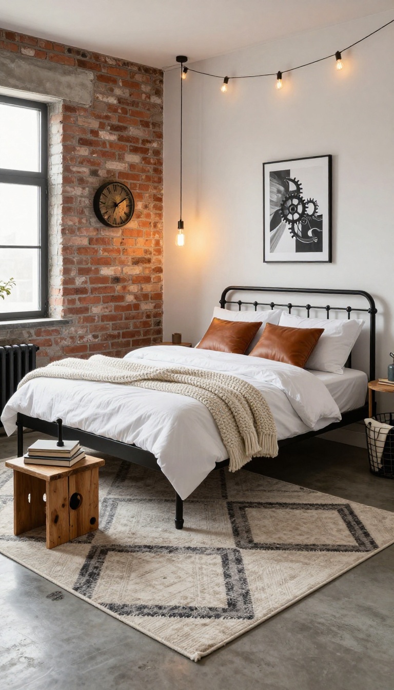Industrial loft basement guest bedroom with exposed brick, metal bed frame, warm lighting, and cozy textiles