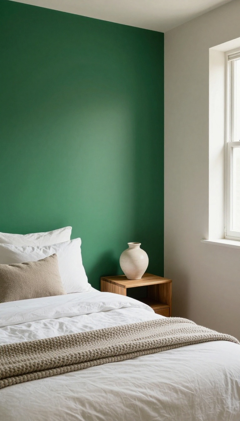 Small bedroom with a deep emerald accent wall behind the bed, neutral walls, and cozy styling in natural light