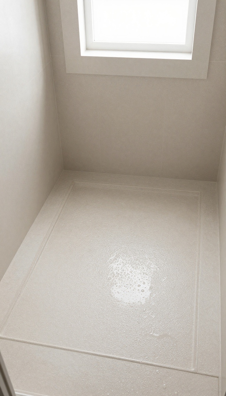 Textured shower tray with raised patterns for slip resistance in a bright modern bathroom