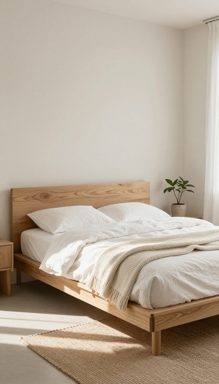 Low-profile platform bed in a bright, minimal bedroom with linen bedding and a jute rug