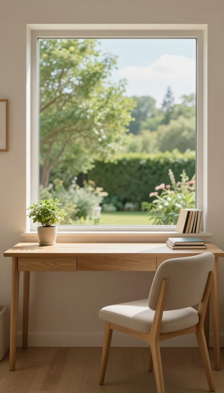 A cozy guest house workspace by a window with a view of a garden, featuring a small desk, chair, and plant in natural light.