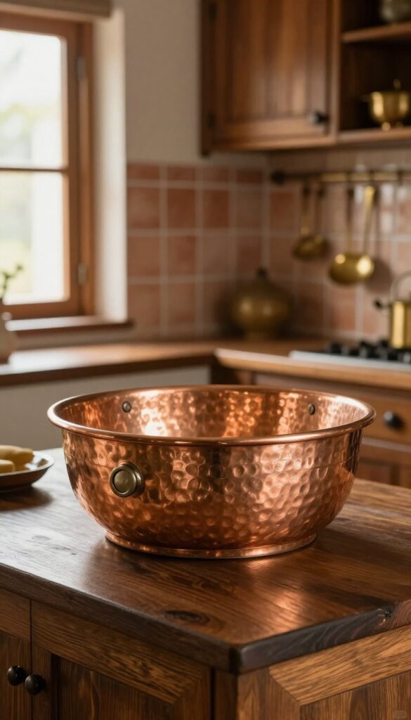 Traditional Indian kitchen with a hammered copper sink, wooden countertop, brass utensils, and terracotta tiles.