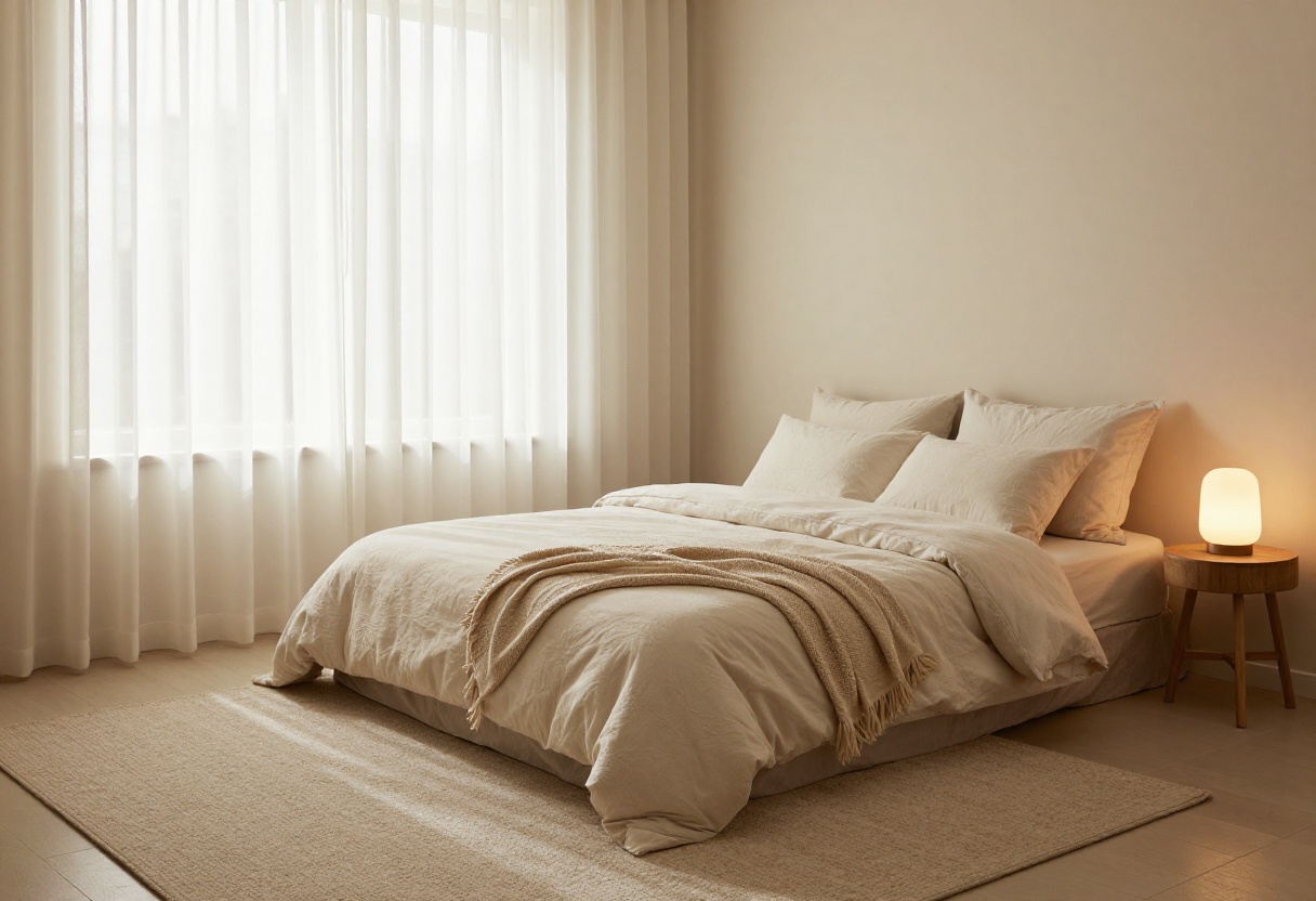 Cozy small bedroom with warm lighting and soft textiles