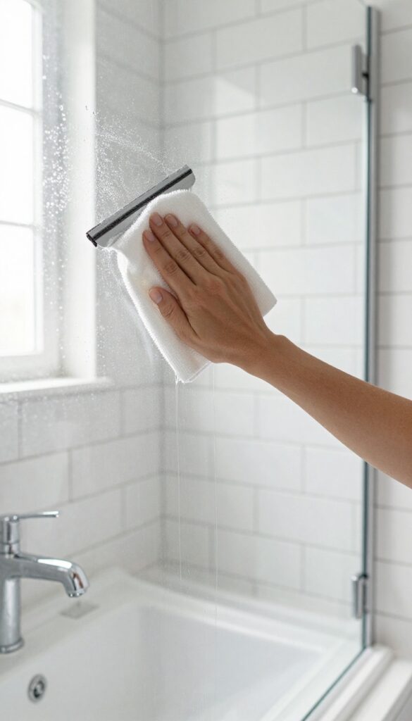 Person wiping a glass shower door with a squeegee in a bright, modern bathroom