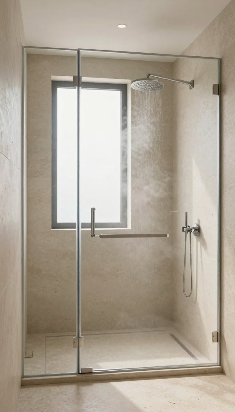 Spacious spa-like shower with natural stone walls and floor