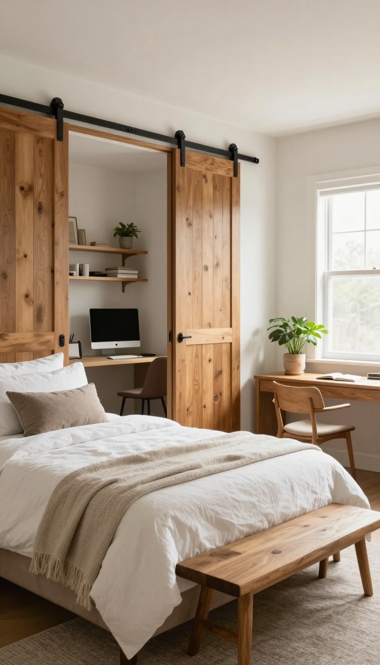 Guest bedroom with sliding barn door hiding a home office
