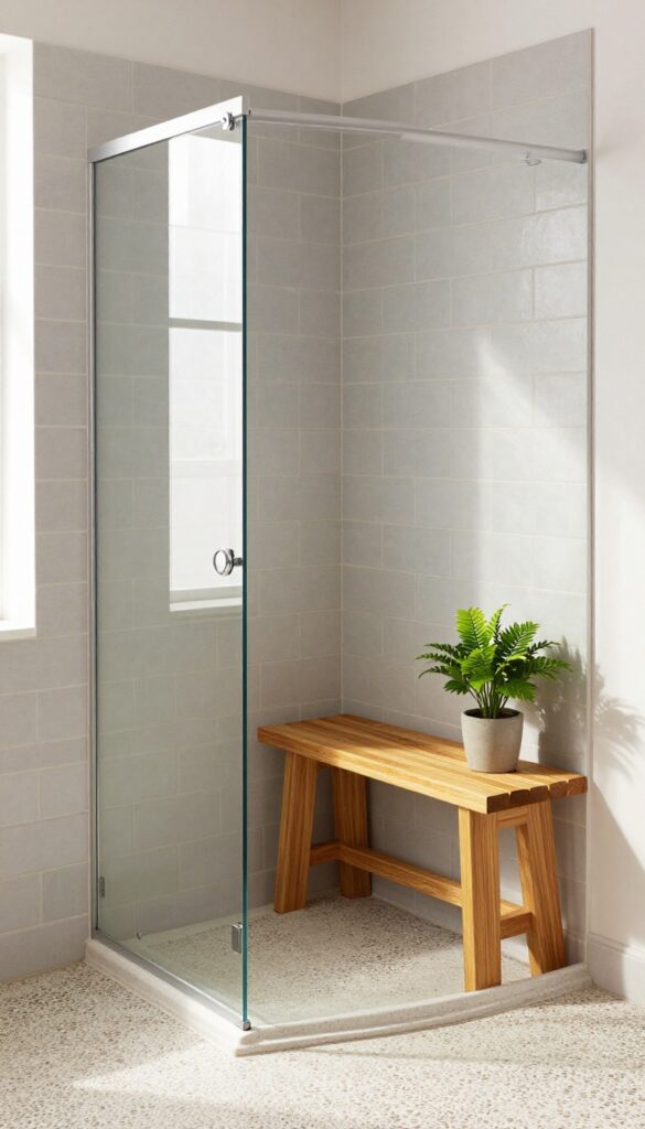 A compact shower stall with a teak wood bench, light gray subway tile, and a glass door, styled with a small plant for a spa-like feel.