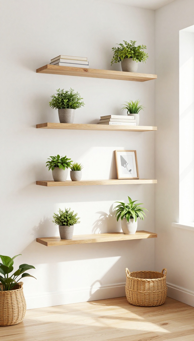 Small bedroom with floating shelves styled with plants, books, and decor, showing vertical space use.