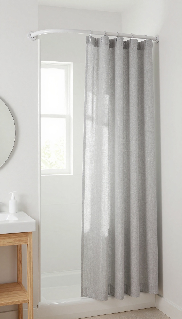 Small bathroom with a curved shower rod and light gray striped shower curtain, bright and airy