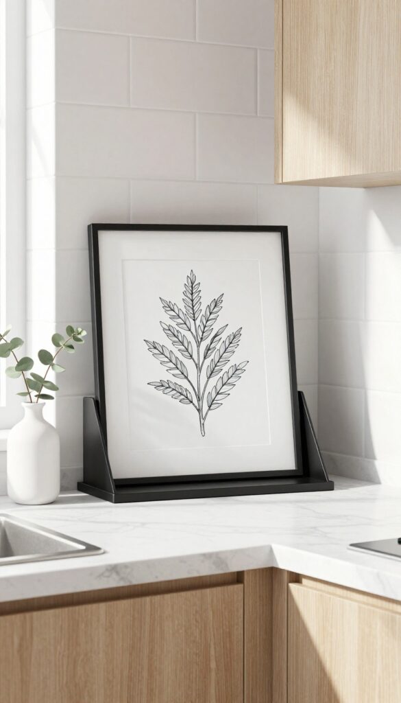 A small framed art print leaning against a kitchen backsplash, styled with a vase of eucalyptus on a clean countertop.