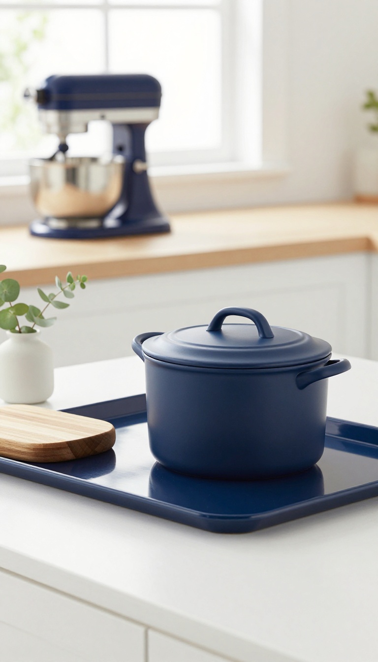 Navy blue kitchen accessories on a bright countertop