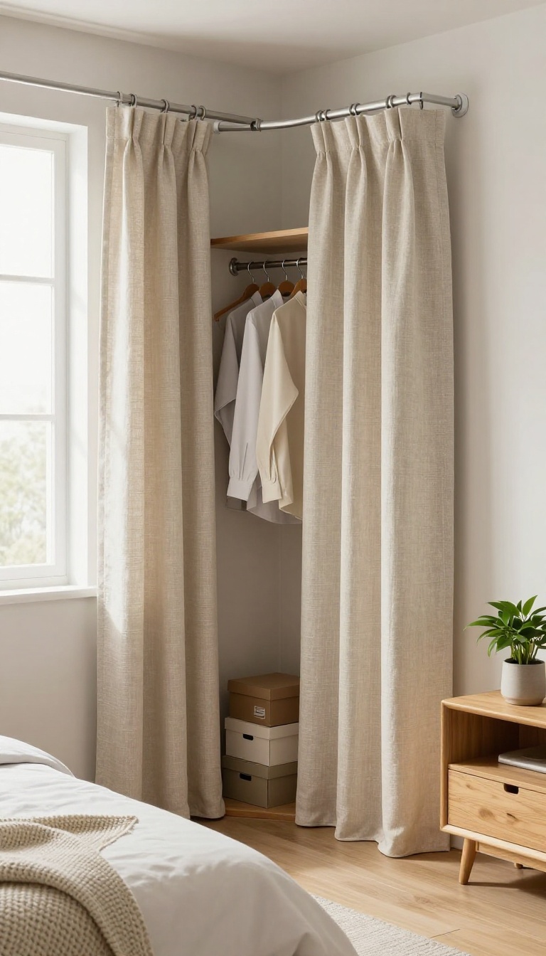 Small bedroom corner with a DIY closet using a corner curtain rod, linen curtain, and rolling clothing rack in bright natural light.