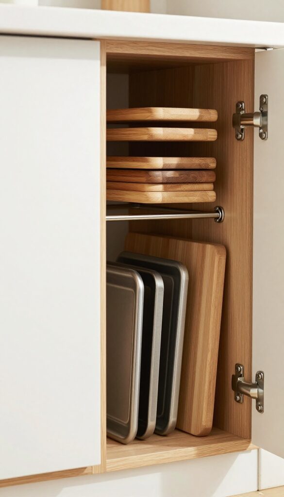 Kitchen cabinet with tension rod holding cutting boards and baking sheets vertically.