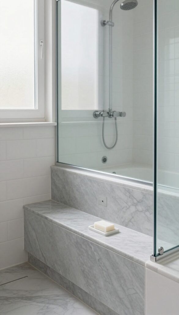 Modern bathroom with a marble shower bench featuring a recessed soap dish and a bar of soap.