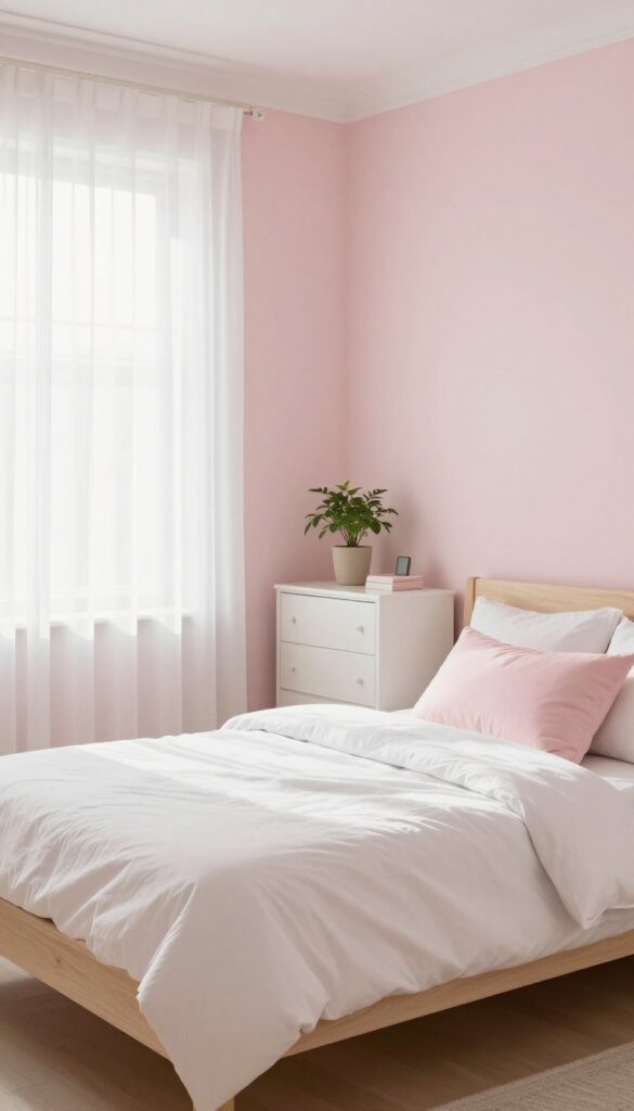 A bright small bedroom with light pastel colors, white bedding, and light wooden furniture, creating an airy and open feel