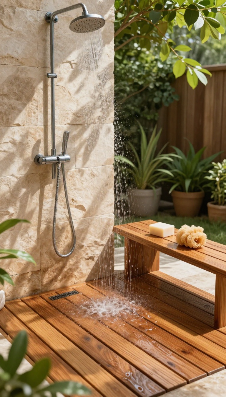 Outdoor shower with teak wood slat floor in natural light