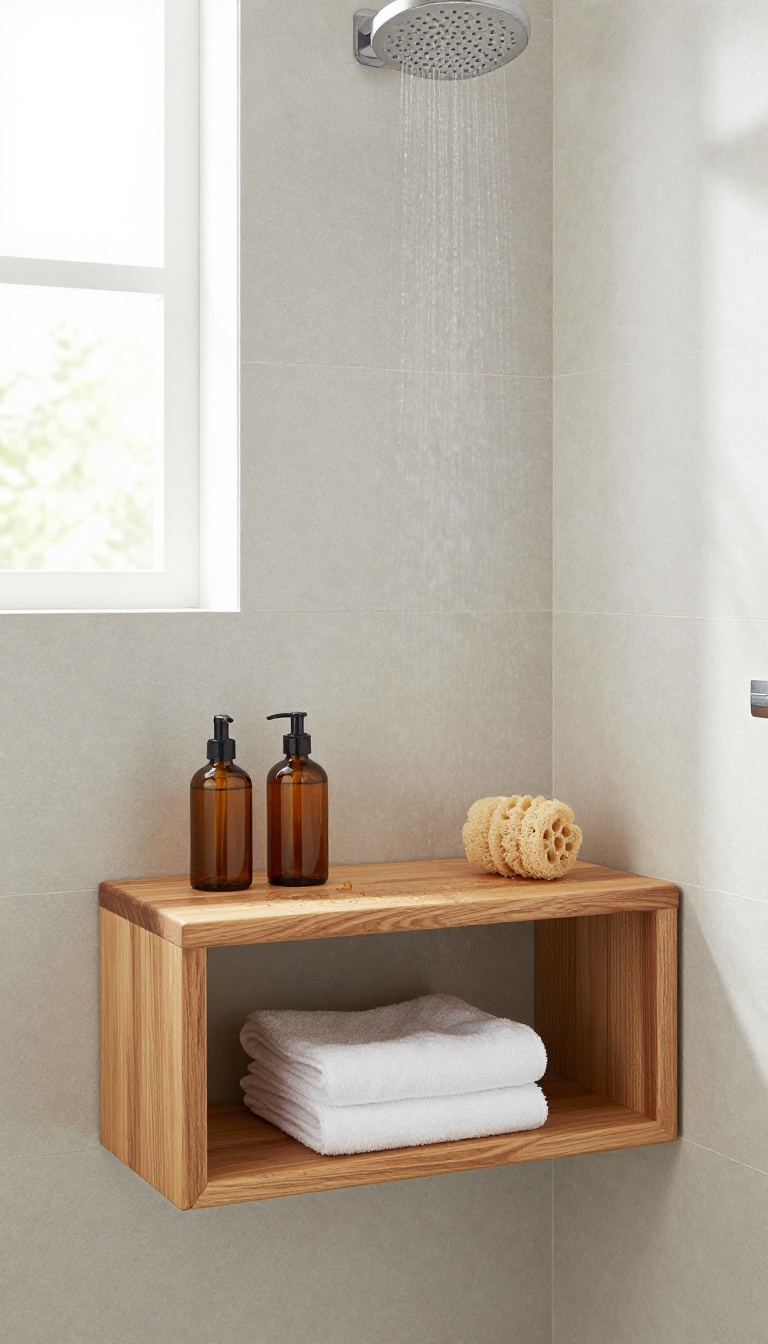 Teak shower bench with built-in storage shelves holding bath essentials in a bright, modern bathroom.