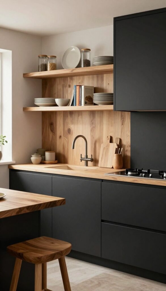 Moody kitchen with dark cabinets, wood open shelving, butcher block countertop, and wooden bar stool, styled with ceramics and cookbooks.
