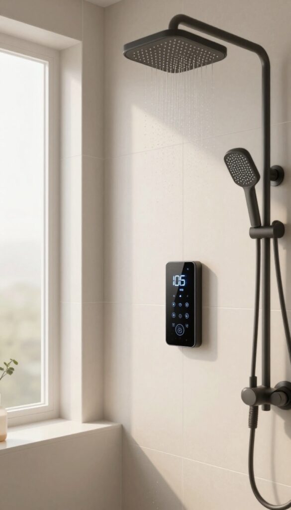 Modern bathroom with a digital shower control panel and rainfall showerhead in bright natural light