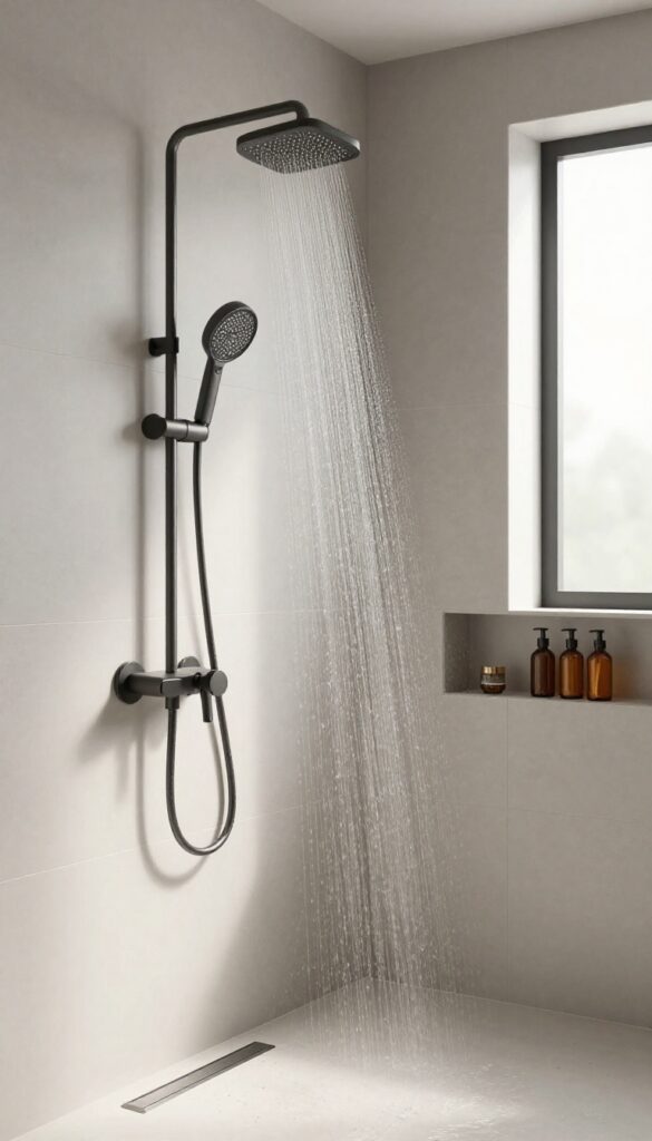 A modern shower with a handheld shower head on a slide bar, demonstrating flexible water direction in a bright, minimal bathroom.