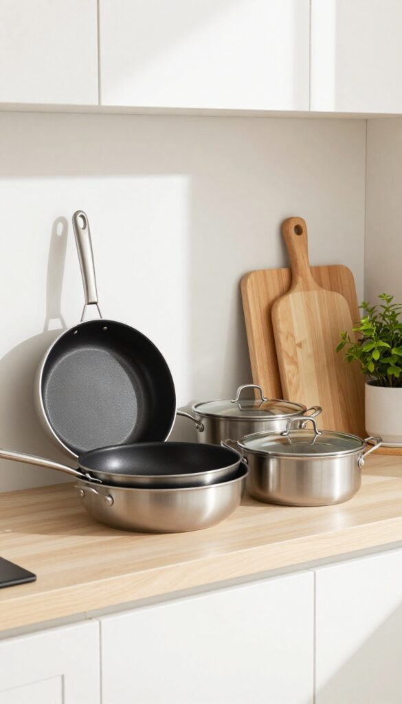 Stackable cookware set neatly organized on a kitchen shelf, with stainless steel pots and pans nested together, surrounded by wooden boards and a small herb plant.